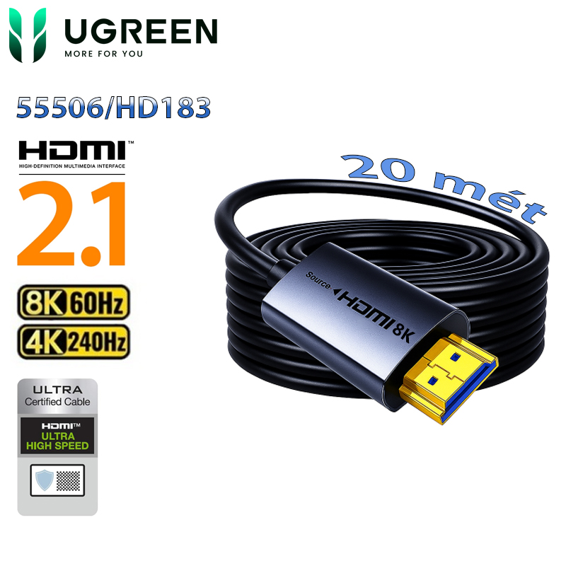 Cáp HDMI 2.1 sợi quang AOC dài 20m Ugreen 55506/HD183 hỗ trợ 8K@60Hz cao cấp